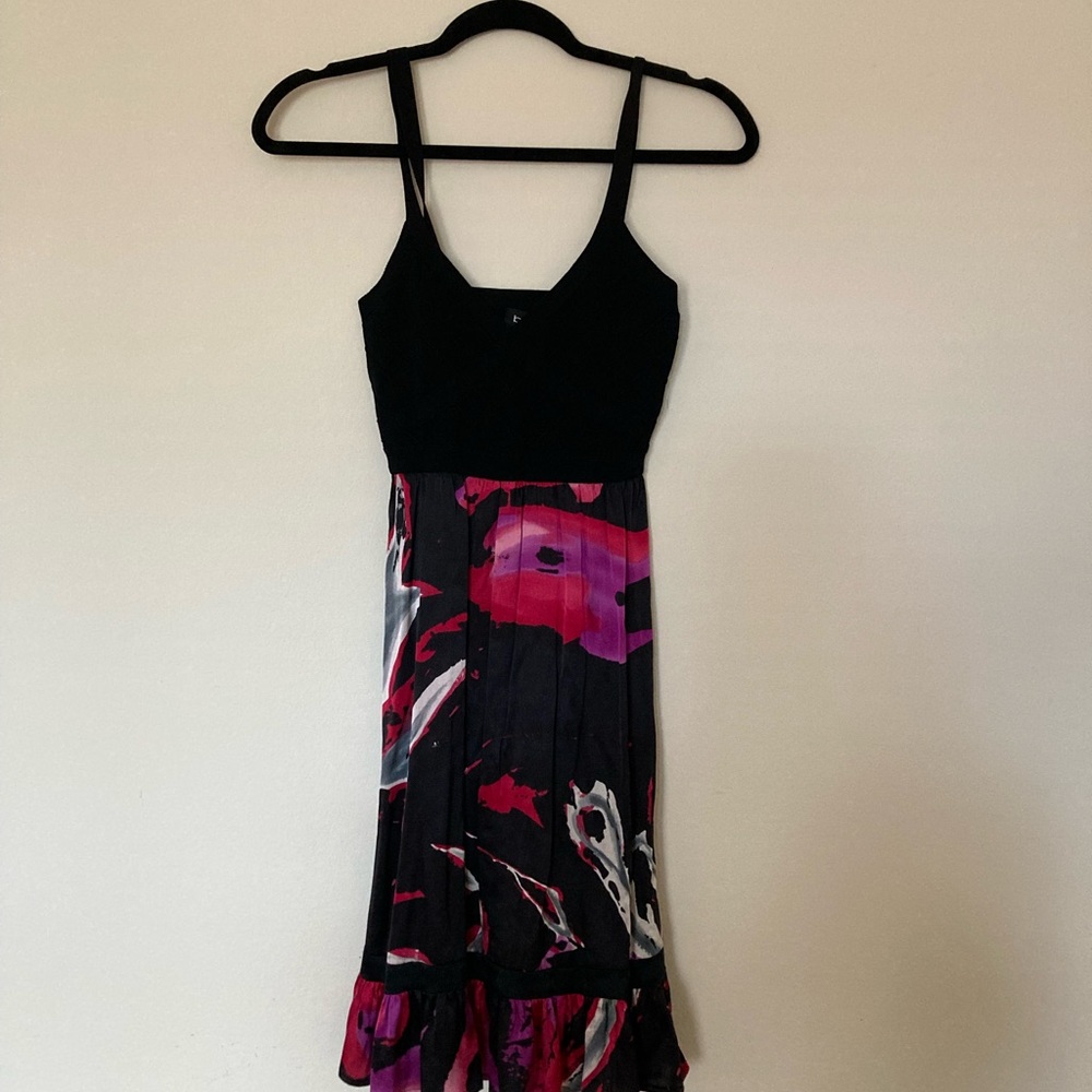 Bebe black and pink mini dress with vibrant watercolor design